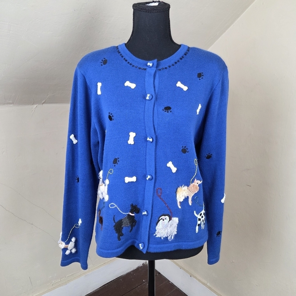 Tale‎ of the Whale Dog Cardigan Sweater Blue Size M Hand Embroidered
